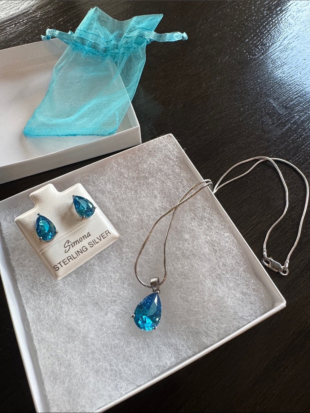 Sterling Silver Blue Teardrop Pendant Necklace and Earrings Set